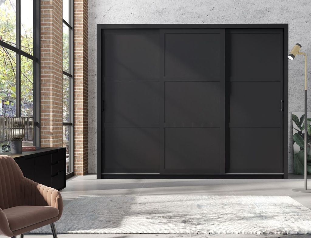 Kleiderschrank 255 cm mit Schiebetüren HAYWARD - schwarz / schwarze Griffe