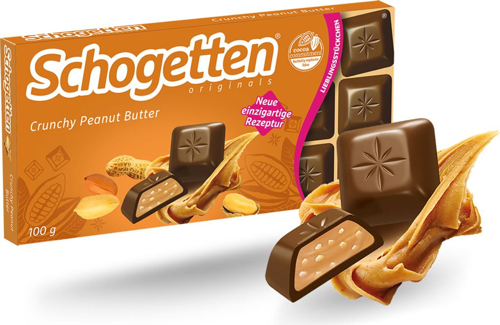 A box of Schogetten Crunchy Peanut Butter chocolates with some chocolates displayed in front of it.