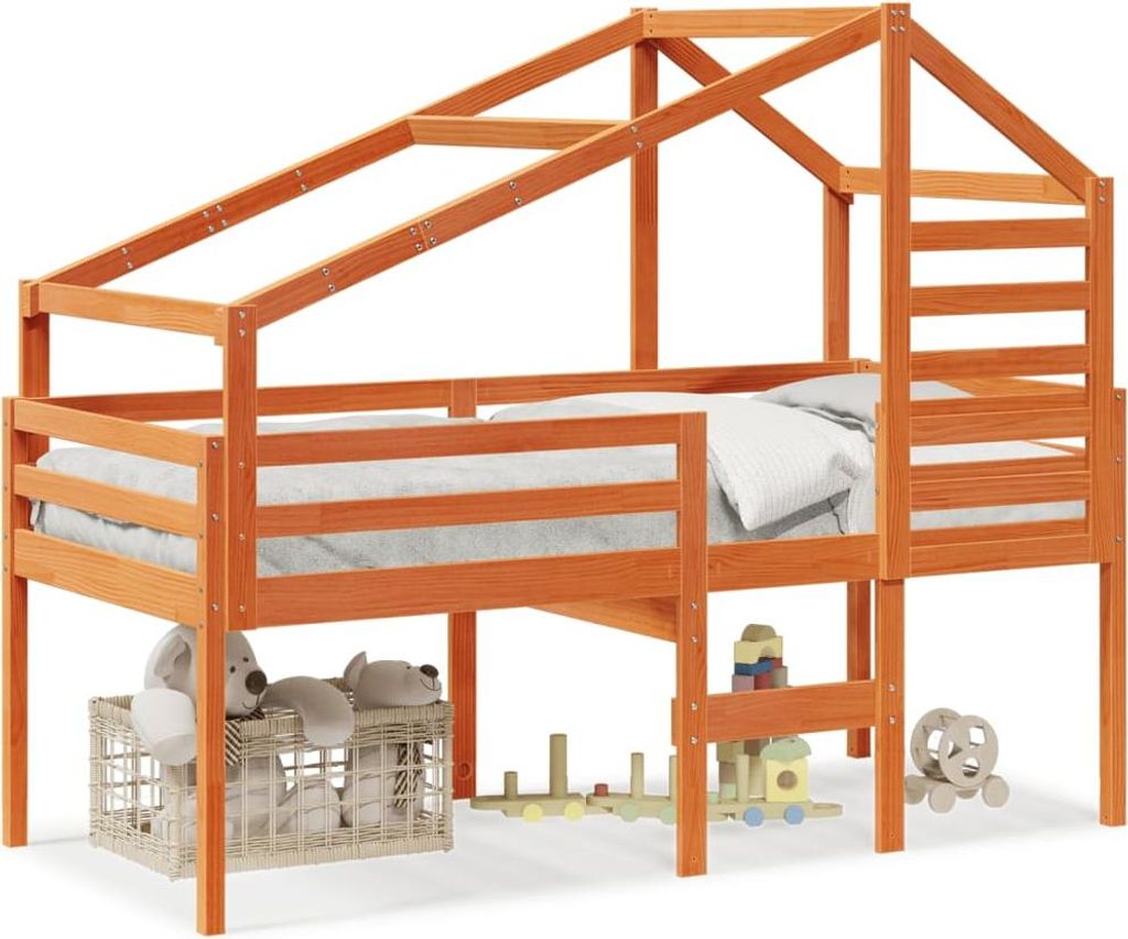 vidaXL Hochbett mit Dach Wachsbraun 90x190 cm Massivholz Kiefer