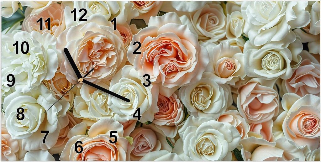 Wanduhr aus Glas mit Motiv Rosenbouquet- 60 x 30 cm - inkl. Aufhängesystem