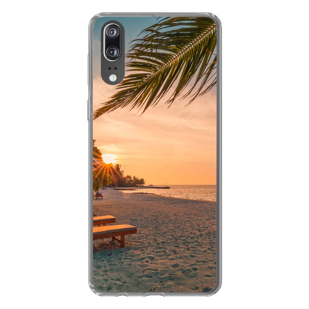 MuchoWow Handyhülle Schutzhülle Hülle für Huawei P20 Strand - Strandkorb - Sonnenuntergang Silikon Softcase Handy Hülle - Hardcover