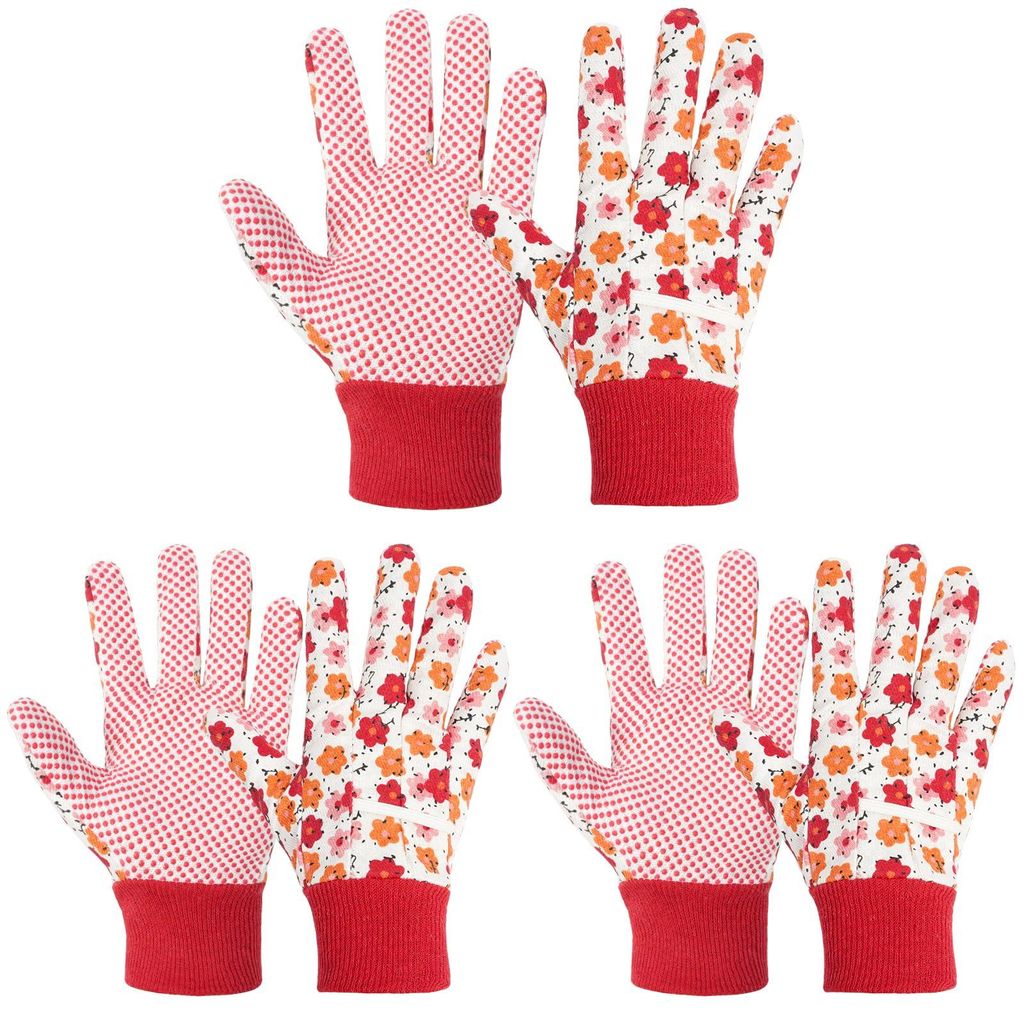 Gartenhandschuhe, 3er-Set, rutschfeste Beschichtung, Arbeitshandschuhe mit PVC-Noppen, reißfeste Canvas-Bündchen, für Pflanz- und Gartenarbeiten...
