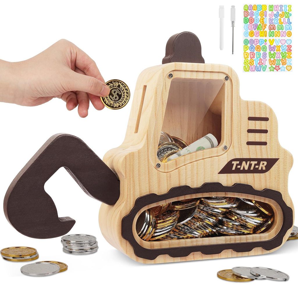 Personalisierte Spardose aus Holz für Kinder, Sparschwein mit Stift und Aufklebern für Mädchen, Jungen und Kinder – Bagger