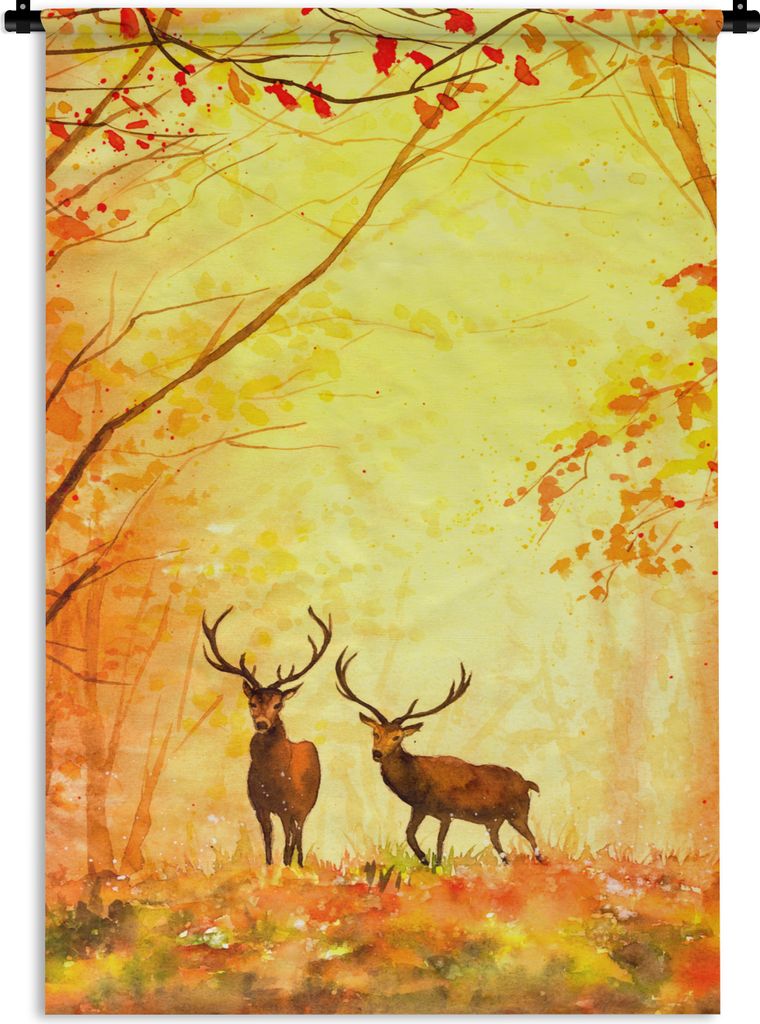 MuchoWow Wandteppich Wandbehang Natur - Ölfarbe - Hirsche - Tiere - Herbst - Orange 90x135 cm Tapisserie Dekoration Wandtuch - Baumwolle - Wands...