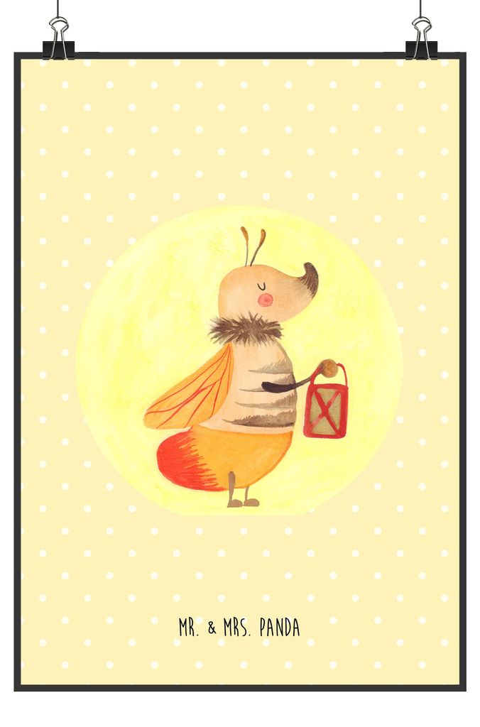 Mr. & Mrs. Panda Bild Glühwürmchen DIN A2 - Gelb Pastell - Geschenk, kunstdruck poster, Lustige Sprüche, Plakat, Liebe, Leuchten, Falter, wandde...