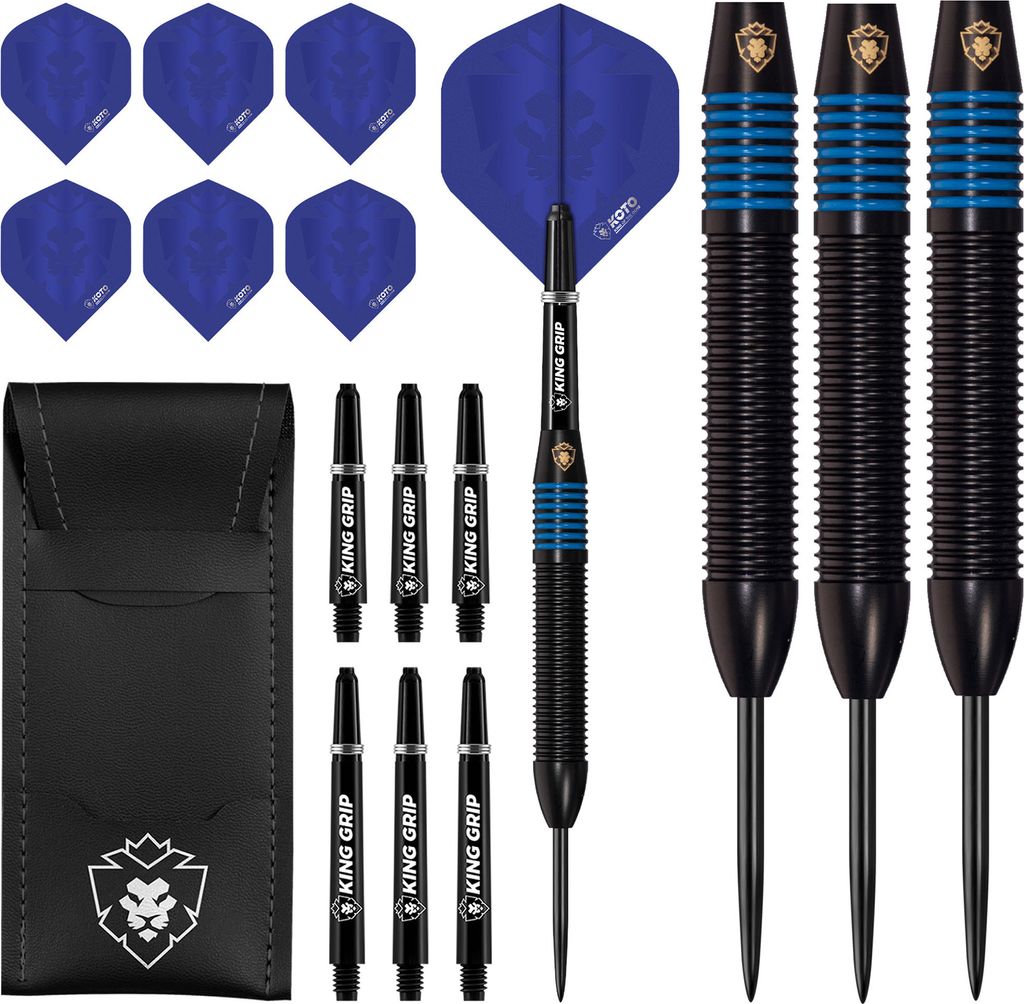 KOTO - Kingprove Black & Blue Brass Darts Darts 24 G, Blau, Darts Set inkl. 3 Barrels,Flights + Shafts & Dartwallet, Fester Ringgrip