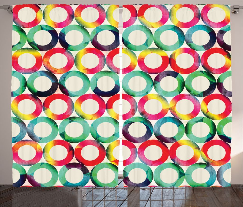 ABAKUHAUS Hipster Rustikaler Vorhang, Retro-Spots, Wohnzimmer Universalband Gardinen mit Schlaufen und Haken, 280 x 225 cm, Mehrfarbig