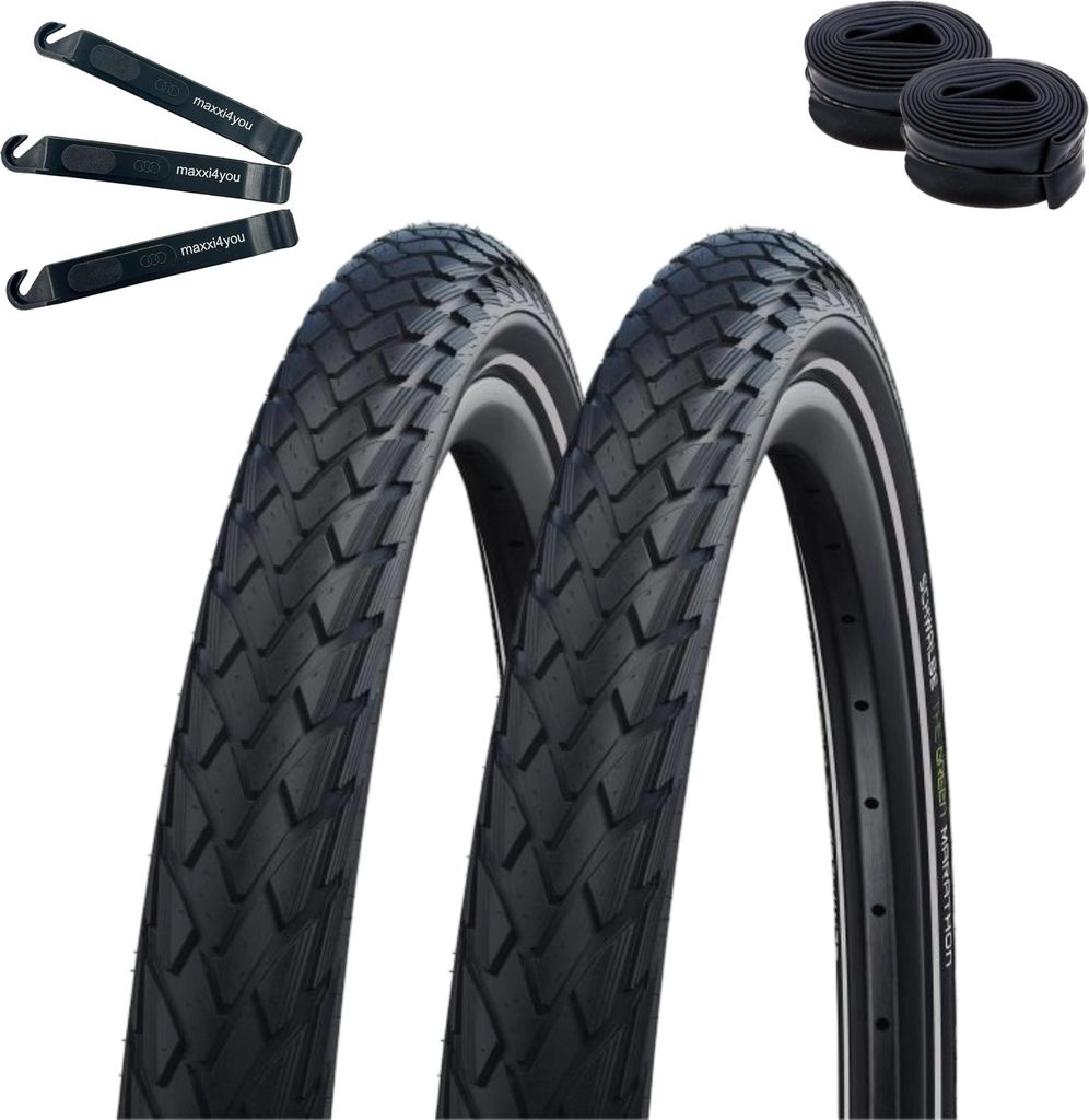 2 x Schwalbe Marathon G-Guard Addix E-25 Fahrradreifen Schwarz/Reflex 32-622 (28 x 1,25) + 2 Schwalbe Schläuche AV17 inkl. maxxi4you Reifenheber