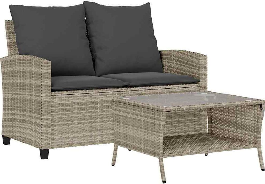 Gartensofa 2-Sitzer mit Kissen & Tisch Hellgrau Poly Rattan