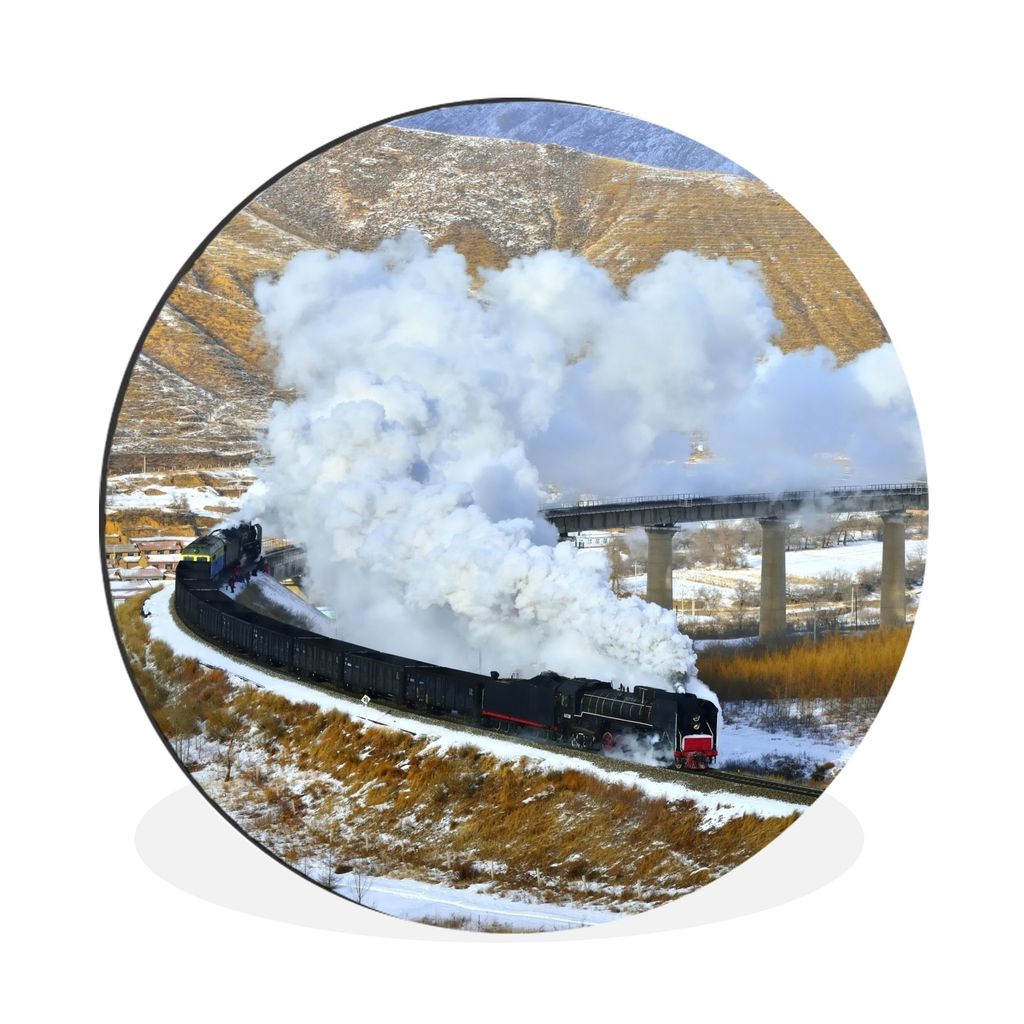 MuchoWow Aluminium Wandkreis Dampflokomotive in einer verschneiten Landschaft Ø 60 cm Wanddeko Modern Wohnzimmer - Wand Kreis - Wandbild - Schla...
