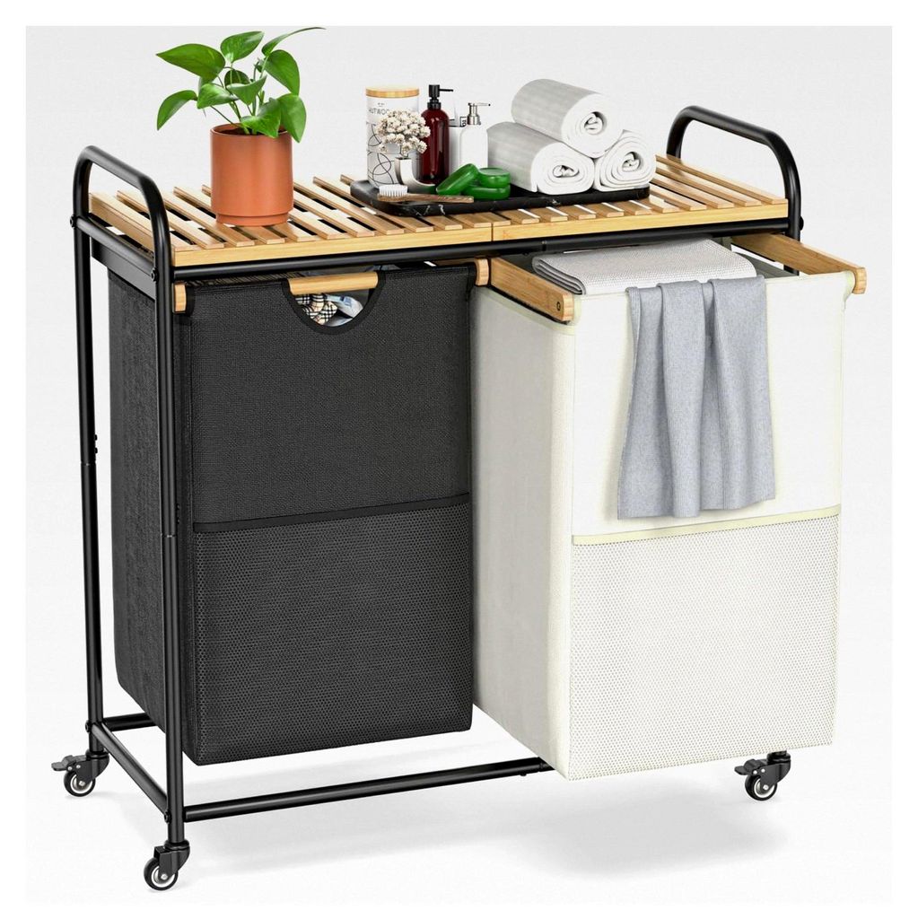 Wäschekörbe mit 2 Fächern, Wäschesortierer mit herausnehmbarem Regal und herausziehbaren Taschen, rollbarer Wäschekorb für Waschküche und Ba...