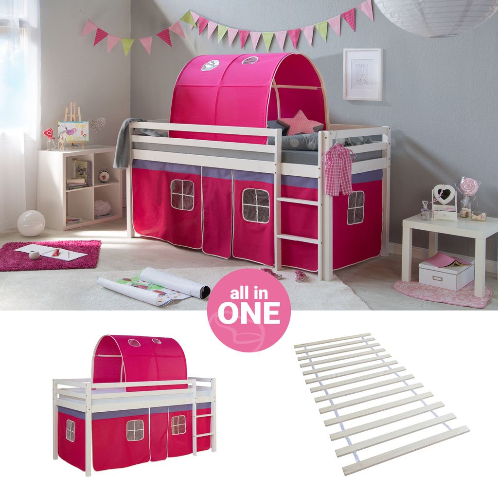Homestyle4u Hochbett 90x200 mit Lattenrost Tunnel Vorhang pink Kinderbett Weiß Holz Kiefer Massiv Jugendbett
