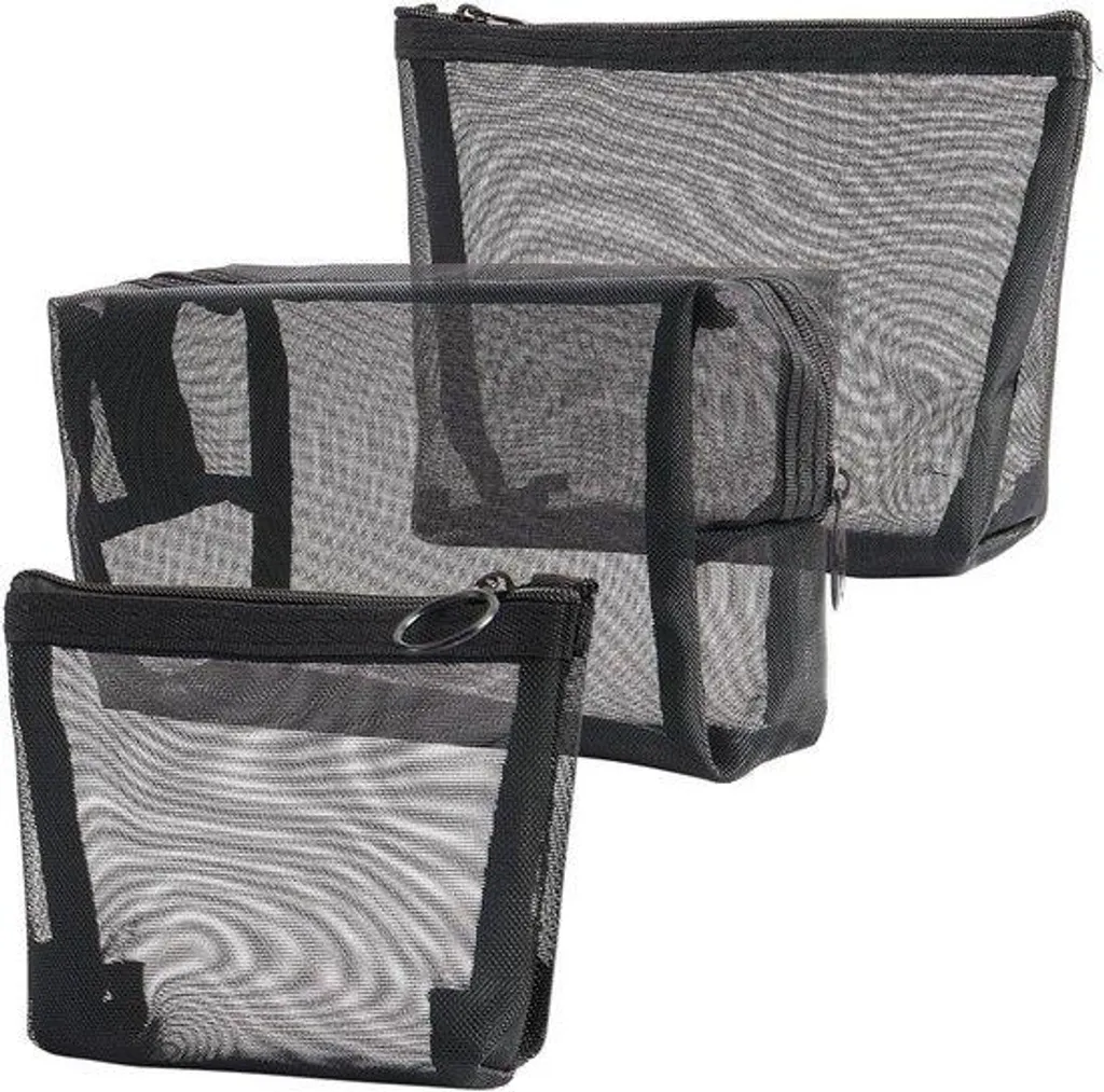Trousse de maquillage noire en filet avec fermeture éclair - Set de 3
