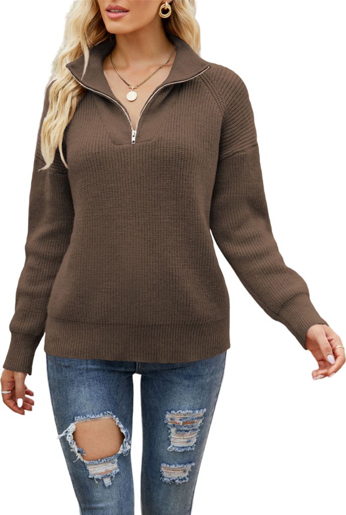 ASKSA Damen Strickpullover Reissverschluss Revers Lange aermel Elegant Grobstrick Casual Pullover, Braun, L