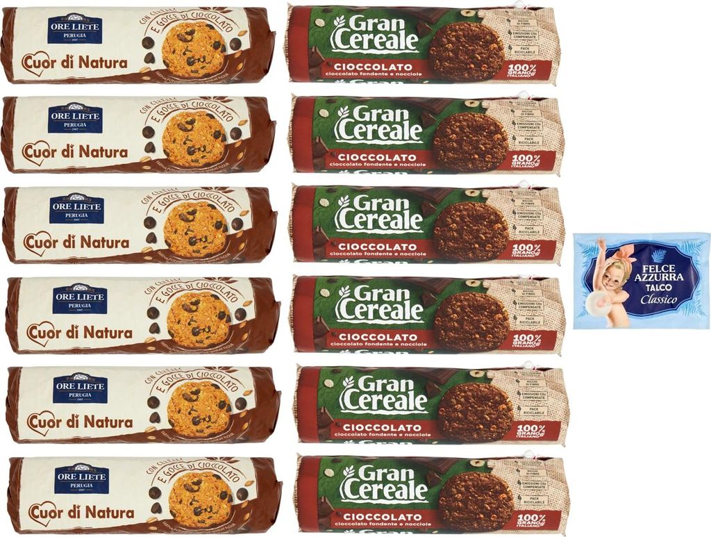 12er-Pack Testpaket Biscotti Cereali Cioccolato Ore Liete 250g + Gran Cereale 230g Kekse mit Müsli und Schokoladen Verpackt in Tube + 1er-Pack Fe...