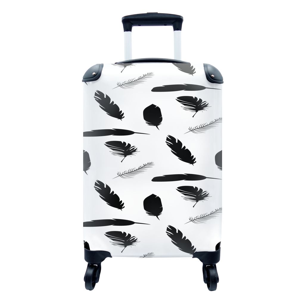 MuchoWow Koffer Handgepäck Trolley Rollkoffer Kleine Reisekoffer mit 4 Rollen - Federn - Schwarz und weiß - Muster - Cabin Size < 55x40x23 cm &...