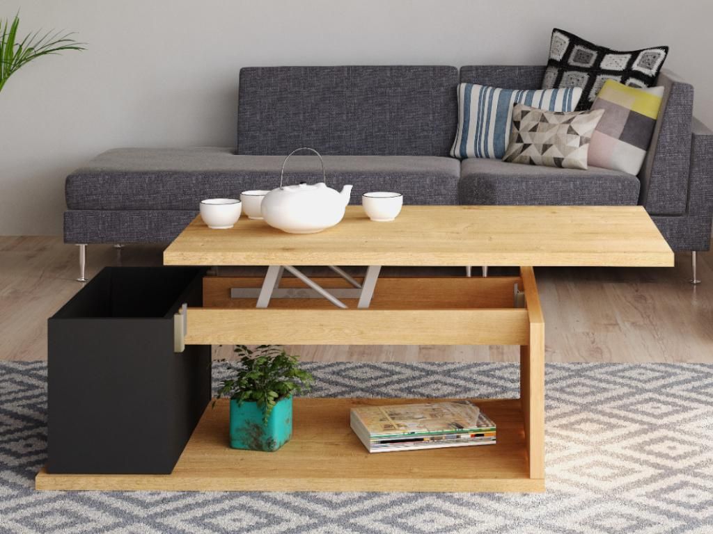 Table basse réglable en hauteur - MDF - Chêne & Anthracite Image du produit 