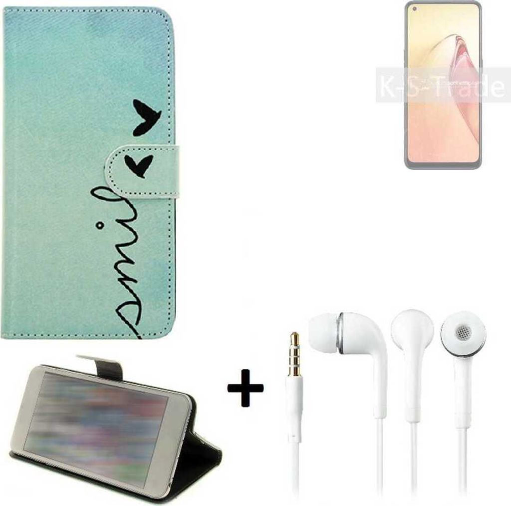 K-S-Trade Schutz Hülle Handy Hülle kompatibel mit Oppo F21s Pro 5G 360° Wallet Case Schutz Hülle ''smile'' inkl. Ohrstöpsel Smartphone cover