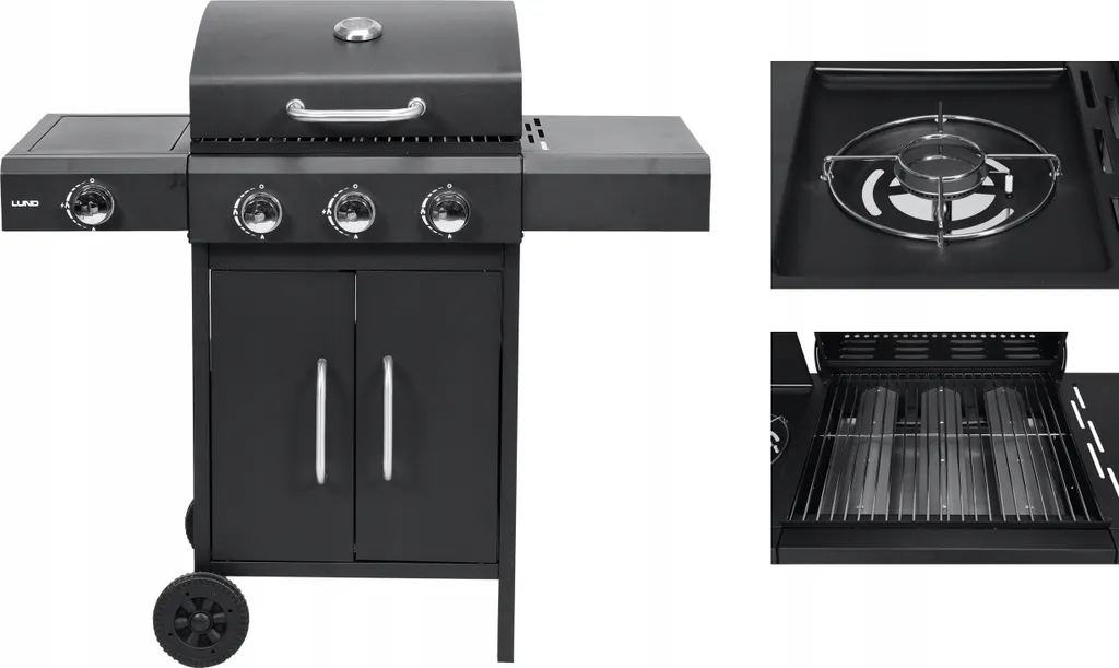 Gril gaz 6kW multi-brûleurs en acier avec capot de cuisson et roues