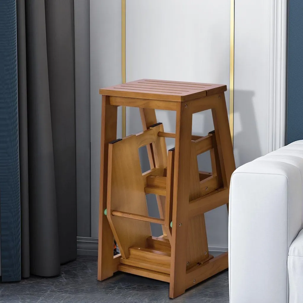 Chaise Échelle Transformable 3 Marches Noyer - Gain de Place Idéal
