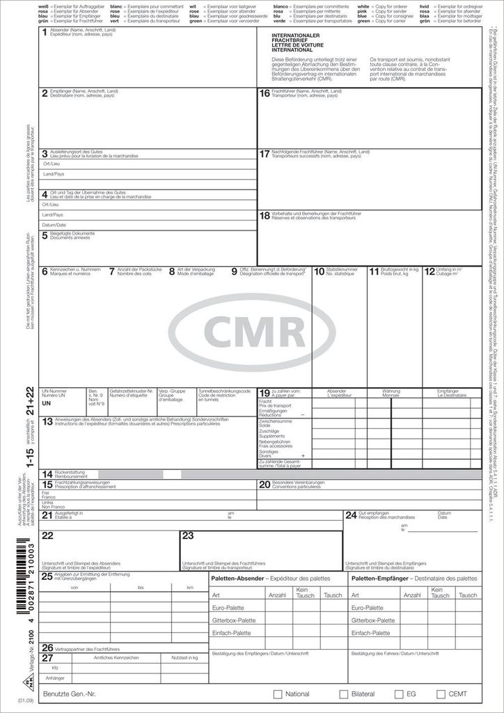 Internationaler Frachtbrief (CMR) - SD 1 x 4 Blatt, Produktbild 