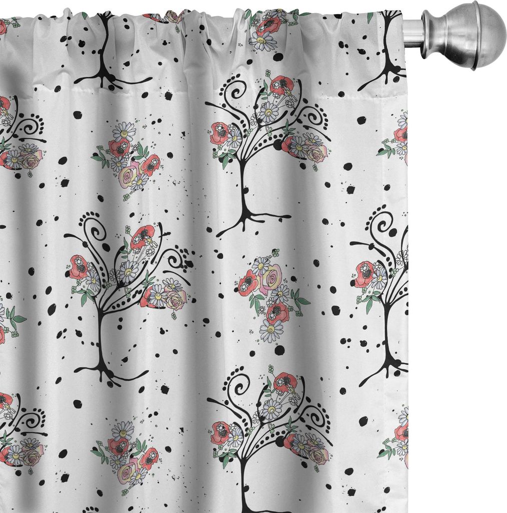 ABAKUHAUS Blumen Vorhänge, Gardinen, Muster von Hand gezeichneten Bäume mit Blumen, 2 Stück 75 x 225 cm, Weiß Koksgraue Coral