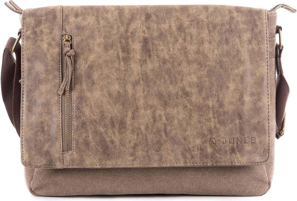 J Jones Herrentasche Tasche Schultertasche große A4 mit Klappe Canvas und Kunstleder robuste mit Laptopfach Arbeitstasche Braun