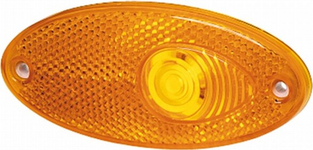 An orange oval side marker light with a textured surface and a central lens.