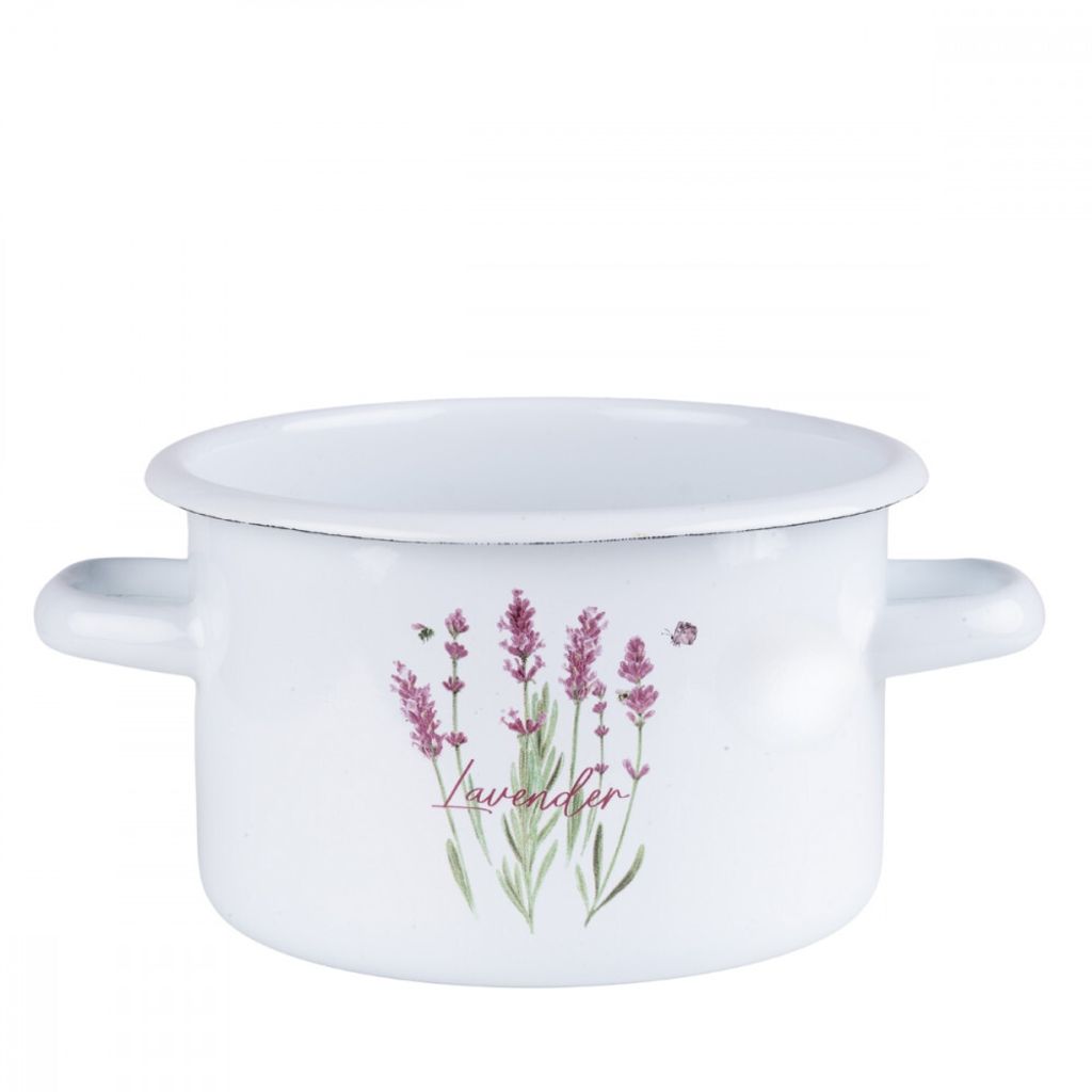 A white enamel pot with a lavender design and the word 'lavender' printed on it.