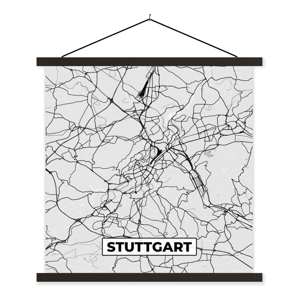 MuchoWow Textilposter Deutschland - Stadtplan - Stuttgart - Karte 120x120 cm mit schwarzem Rahmen - Aufhängungsset