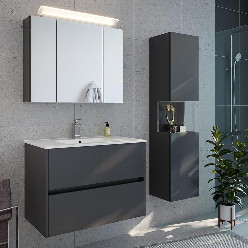 Badmöbel-Set 3-teilig mit 80 cm Waschtisch und Spiegelschrank mit LED-Beleuchtung in graphit matt - LIVIGNO-02