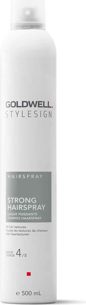 A white aerosol can of Goldwell StyleSign Strong Hairspray against a white background.