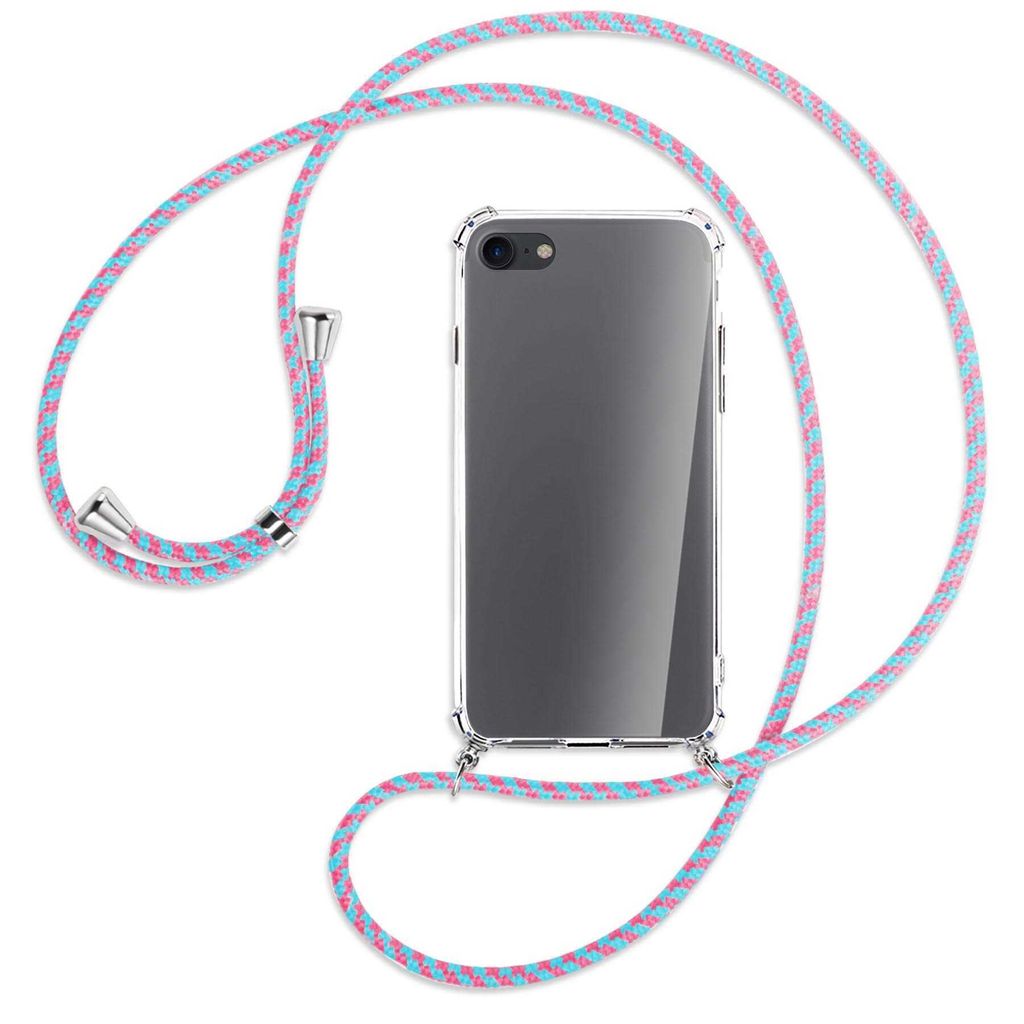 Handykette Backcover-Schutzhülle mit Band (Metall silberfarben) für Apple iPhone 7, iPhone 8 - pink/mint