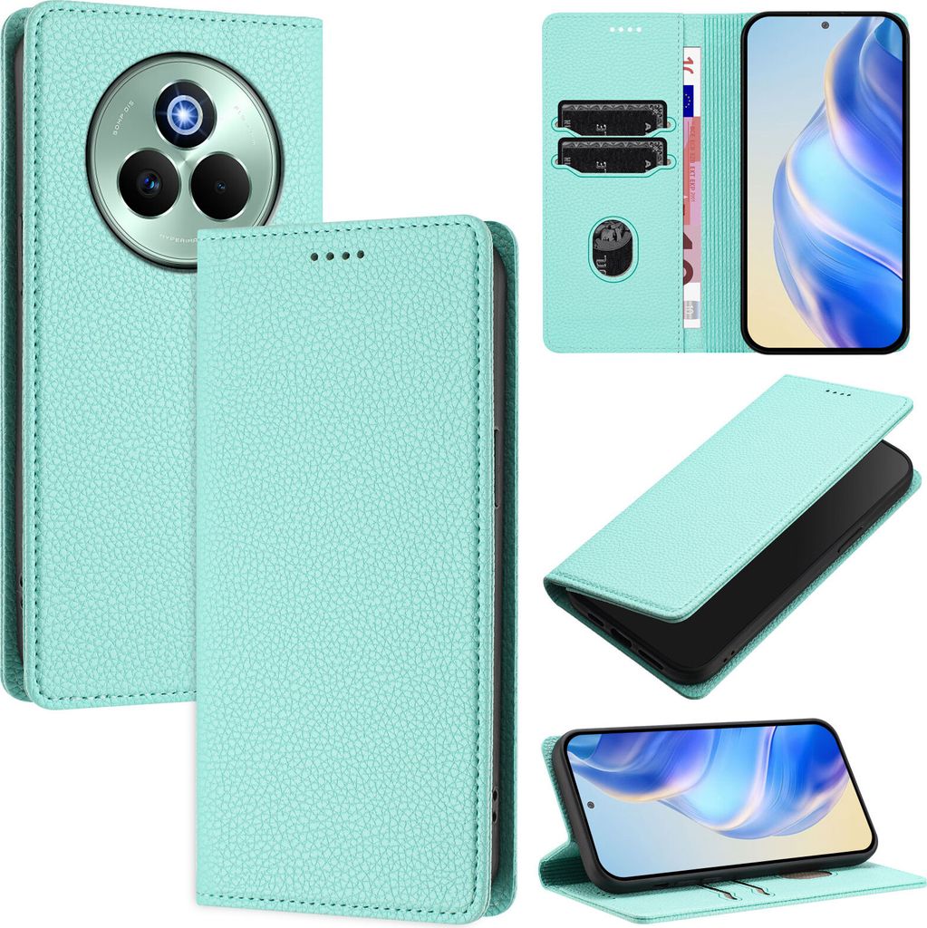 Litchi Leder Handyhülle für Realme P3 Pro Wallet Kartenfächer Standfunktion Hülle Türkis