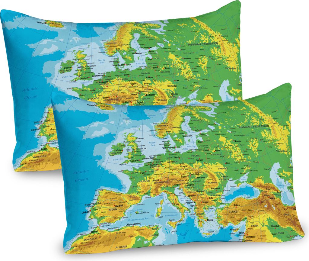 ABAKUHAUS Karte Kissenbezug Packung mit 2, High Detail Karte von Europa mit Grenzen Länder Städte, Dekorativer Gedruckter Kissenbezug, 80x40 cm, ...