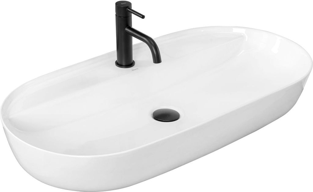 A white oval countertop sink with a black faucet.