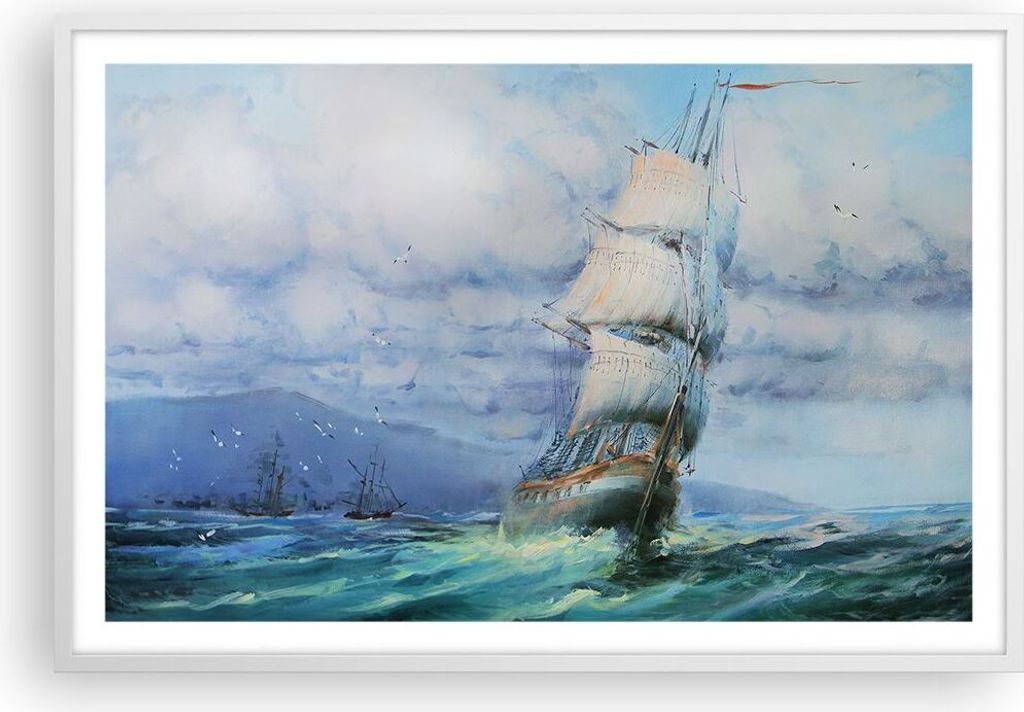 Gerahmtes Poster - Weißer Rahmen - Meer Segelschiff - 91,5x61 cm - Wand Bild - Wanddeko - Wandbilder - Kunstposter - Wandposter - Bilderrahmen - B...