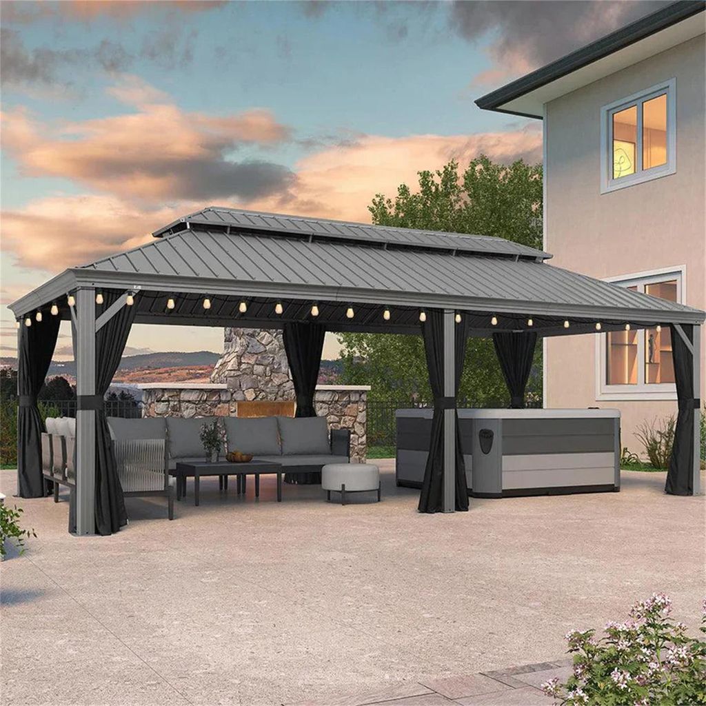 PURPLE LEAF Hardtop Pavillon 3.65x7.35m wasserdicht winterfest und stabil für den Garten,Hellgrau,mit Beleuchtung