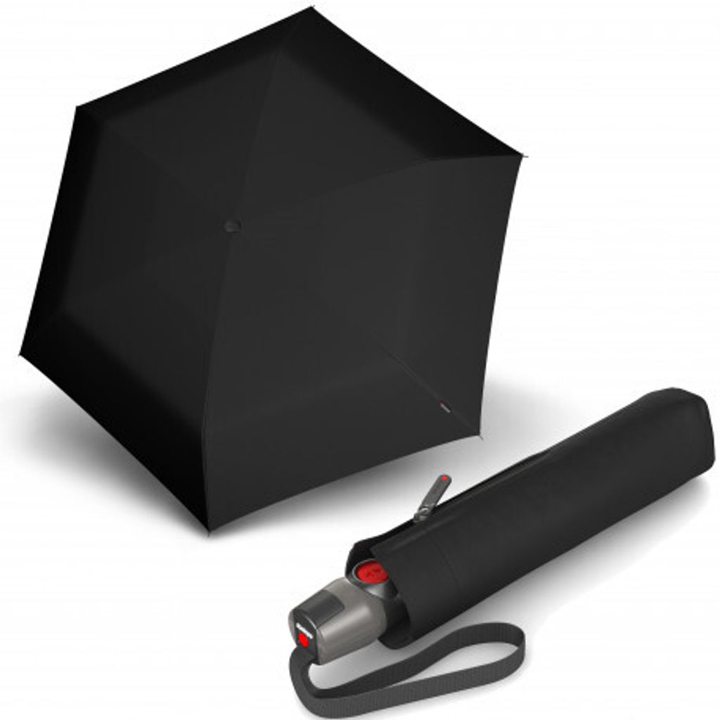A black umbrella is shown in its closed state, with its case next to it.
