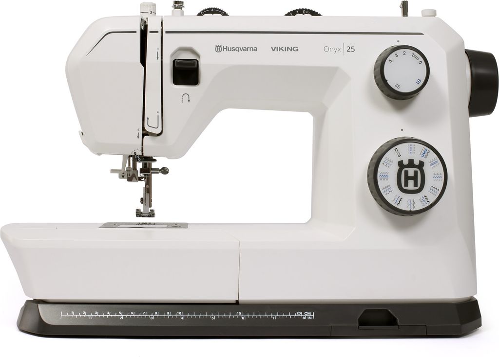 A white Husqvarna Viking Onyx 25 sewing machine is shown from a side-angle on a white background.