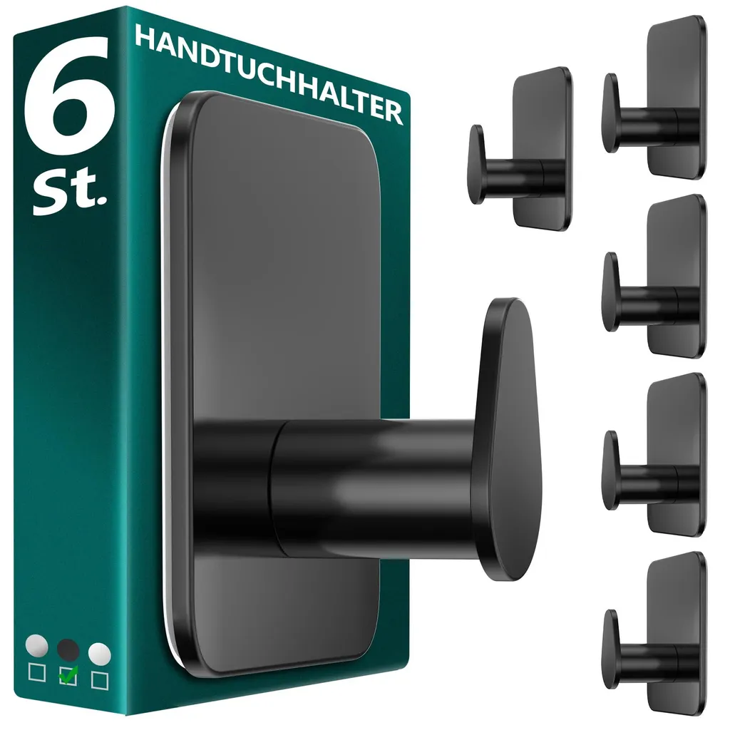 Crochets de salle de bains autocollants noirs - Pack de 6 pour serviettes