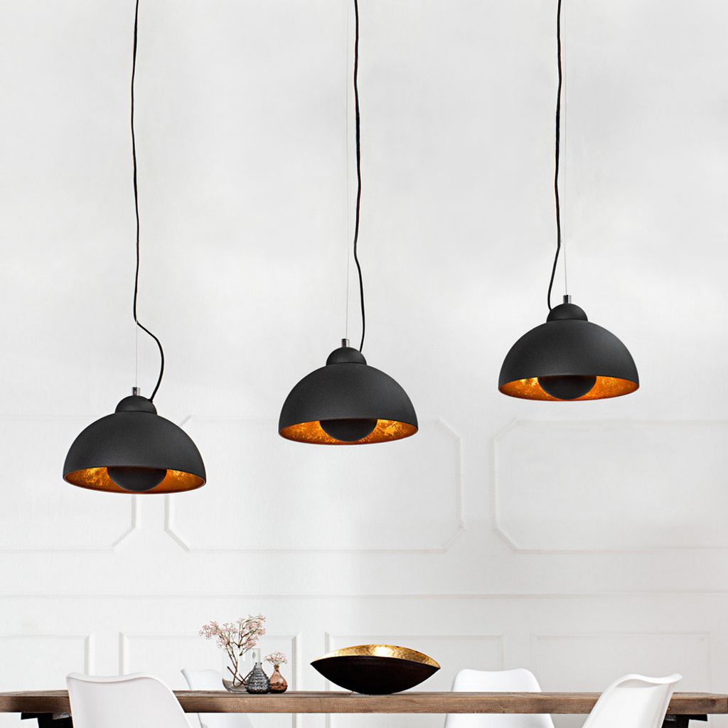 cagü: Design Retro Lounge 3er Hängelampe SPOT Schwarz-Gold 110cm mit 3 Lampenschirmen a 30cm Ø - ZEITLOS EDLER DESIGNKLASSIKER!