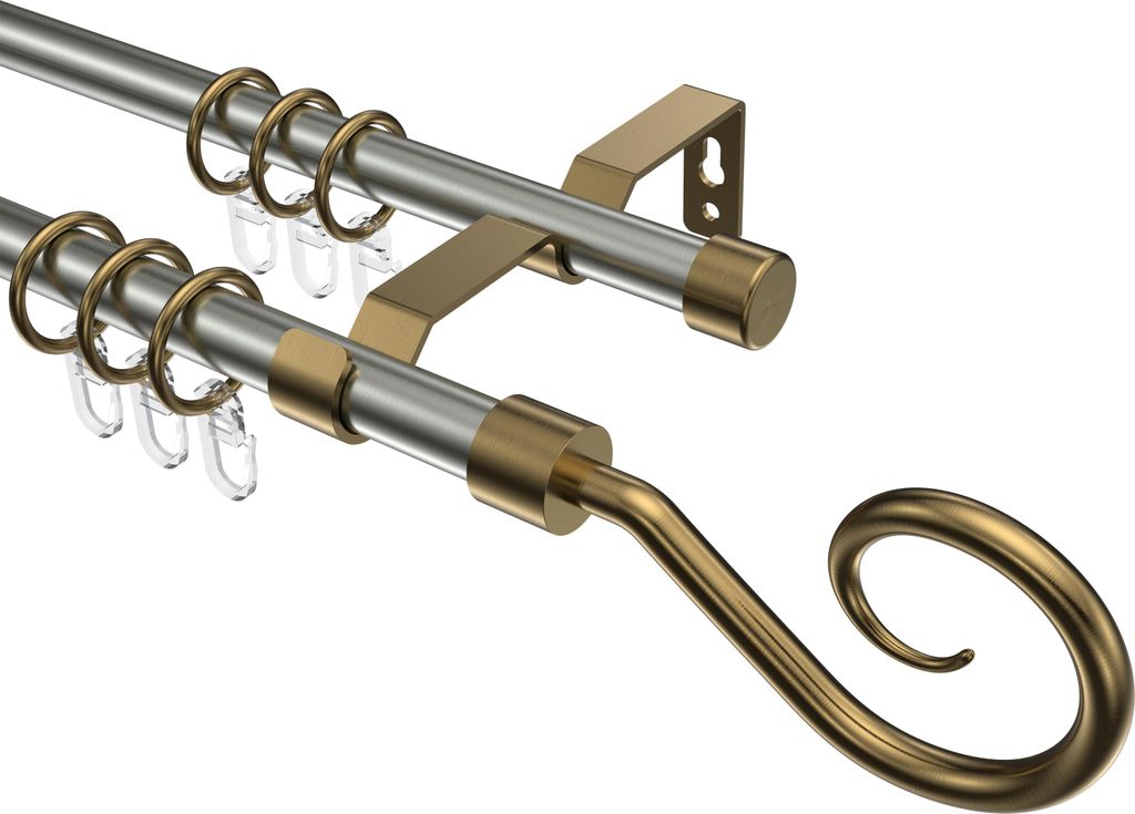 Interdeco Gardinenstange / Vorhangstange Edelstahl-Optik / Messing Antik, Typ Olymp Allegra (Spirale), 16 mm Ø 2-läufig, 100 cm