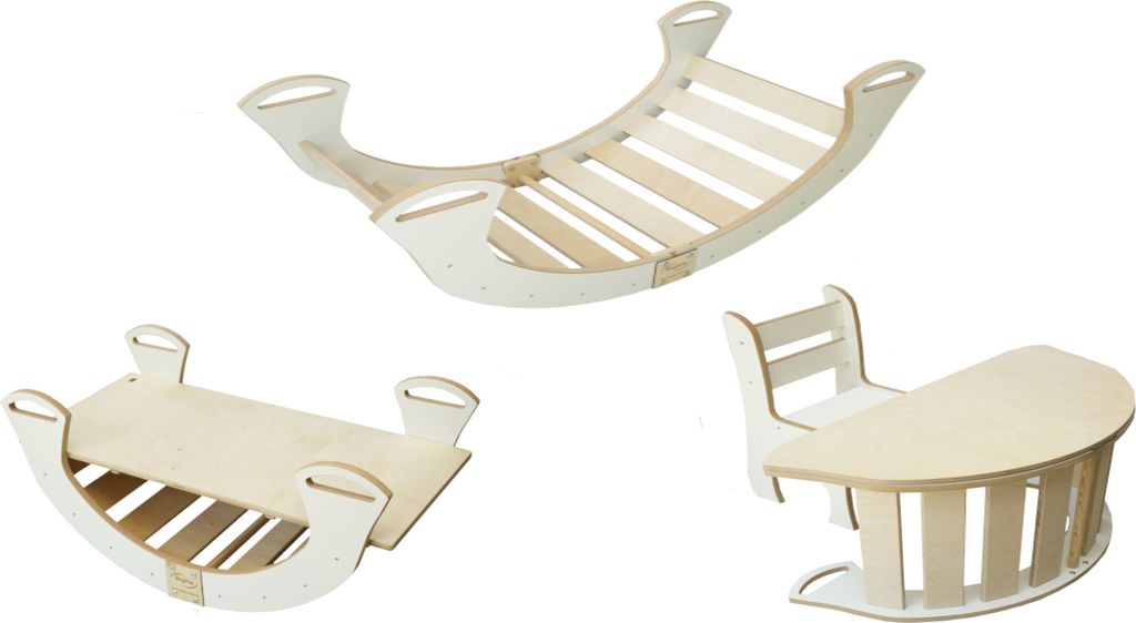 Skyline Set 5w1 Holz Kletterbogen, Kletterdreieck, Wippe, Holzbogen Kinder Montessori Schreibtisch mit Stuhl und Rutsche mod.B 98x46x49cm Weiß