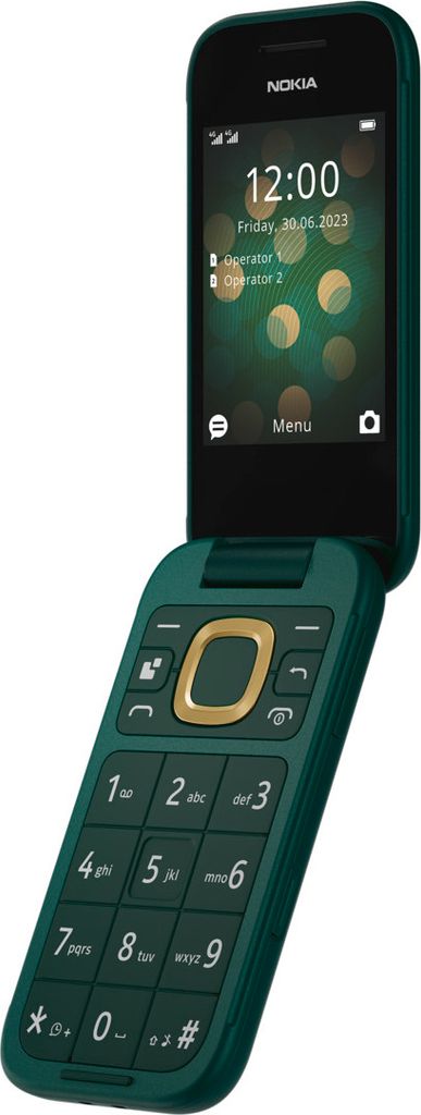 A green Nokia 2660 Flip phone is shown open against a white background.