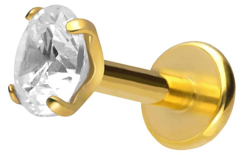 Ohrpiercing, Nasenpiercing Titan Labret mit Push Fit EINGEFASSTER KRISTALL Gold Stablänge: 9mm | Stabstärke: 1,2mm | Kristallgröße: 4mm
