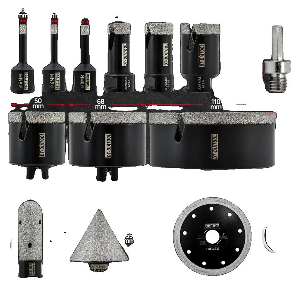 Kit forets diamantés M14 brasés sous vide avec disque pour coupe à sec
