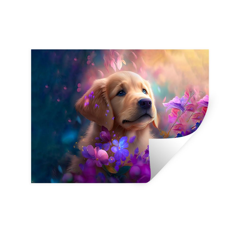 MuchoWow Wandtattoo Wandsticker Wandaufkleber Hund - Welpe - Sonne - Blumen - Golden Retriever 40x30 cm Selbstklebend und Repositionierbar - Falt...
