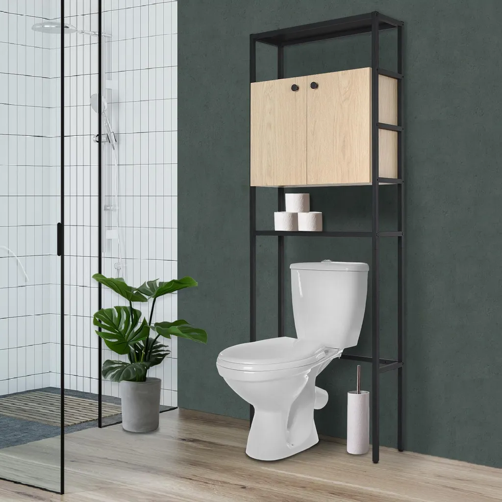 Étagère pont WC bois et métal noir avec rangement fermé 180x66cm
