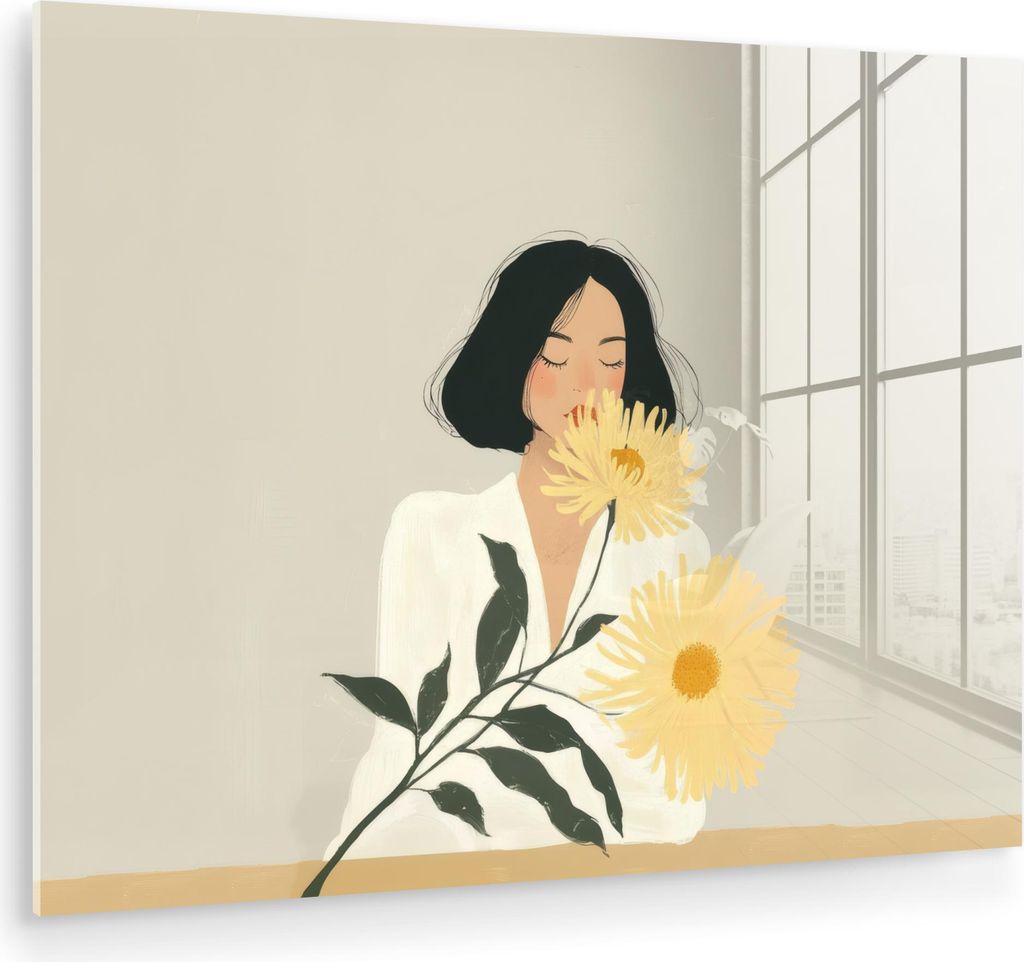 MuchoWow Glasbilder - Bilder auf Wandbild - Foto auf Glas Frau - Blume - Gelb - Minimalistisch 40x30 cm Wanddekoration aus Glas - Acrylglasbild - A...